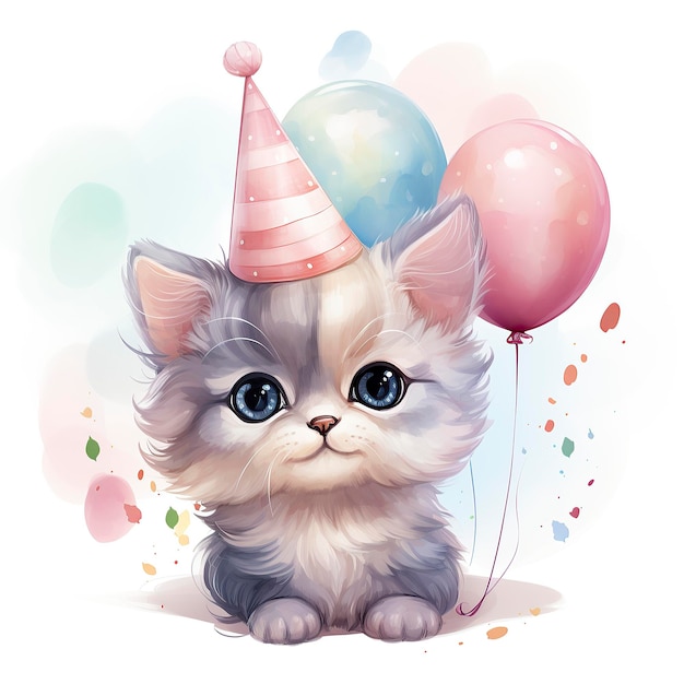 Cute Cat in Party Hat and Balloons Isolated Vector 1