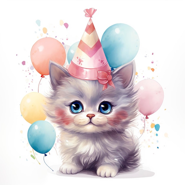 Cute Cat in Party Hat and Balloons Isolated Vector 2