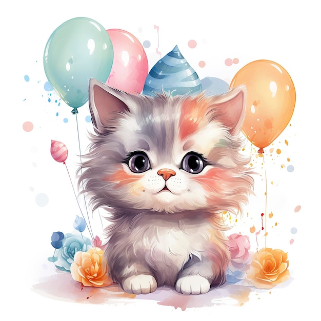 Cute Cat in Party Hat and Balloons Isolated Vector