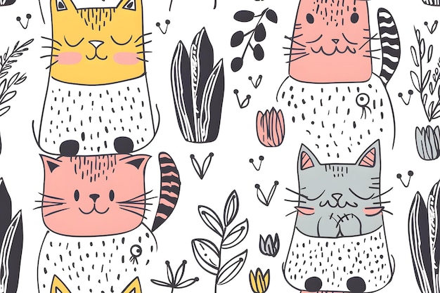 Photo cute cat pattern with hand drawn flowers