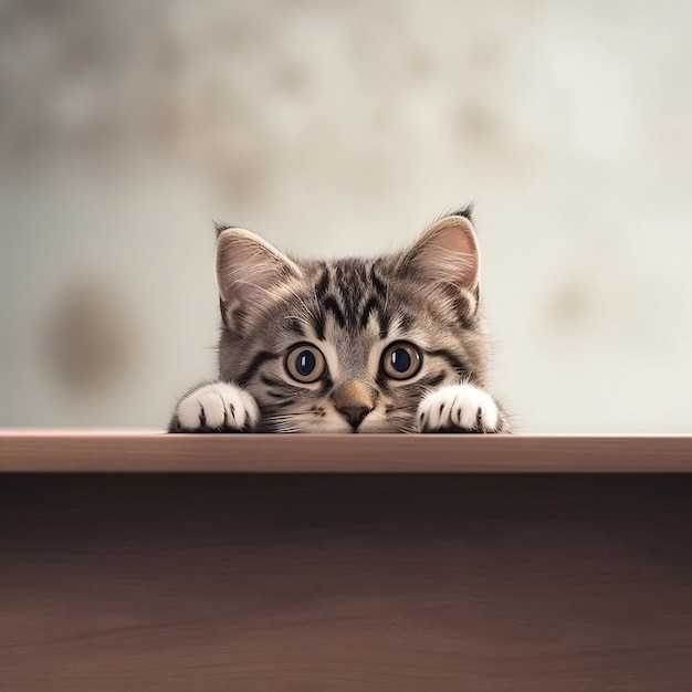 A Cute Cat Peering over a Table with Large Empty Space Generative AI