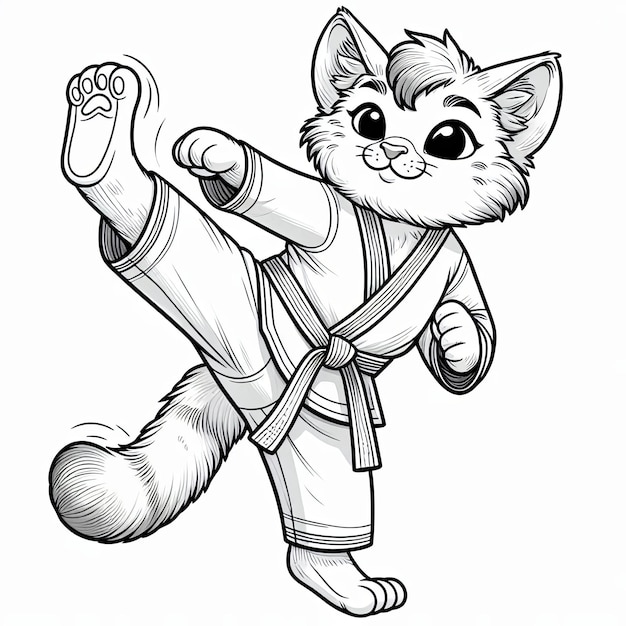 cute cat performing tekwondo high kick cartoon coloring book page