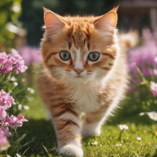 Cute cat playing in a beautiful garden