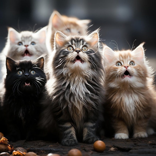 cute cat playing with his friends with black and white background