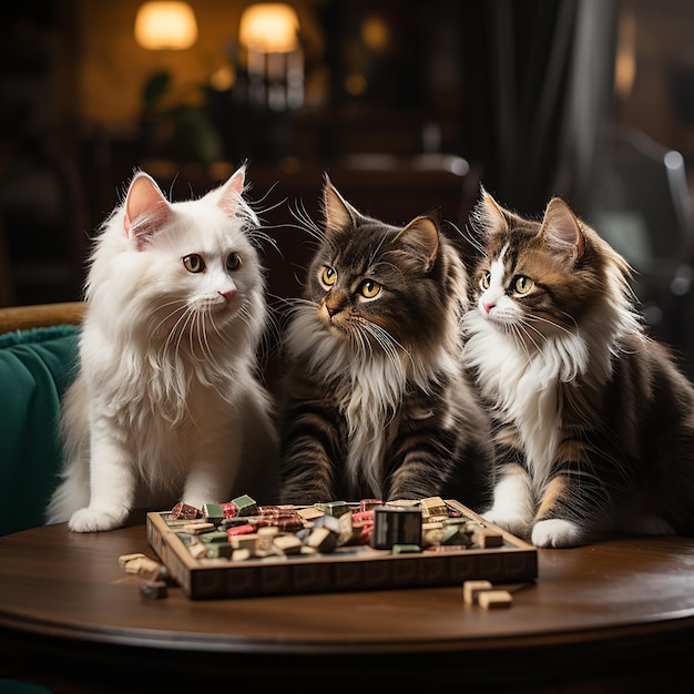 cute cat playing with his friends with black and white background