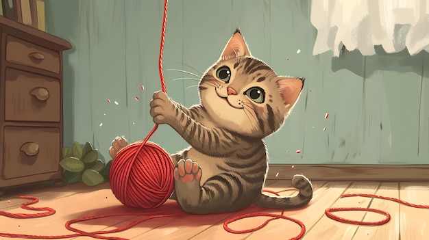 Cute cat playing yarn ball cartoon illustration ar 169 v 6