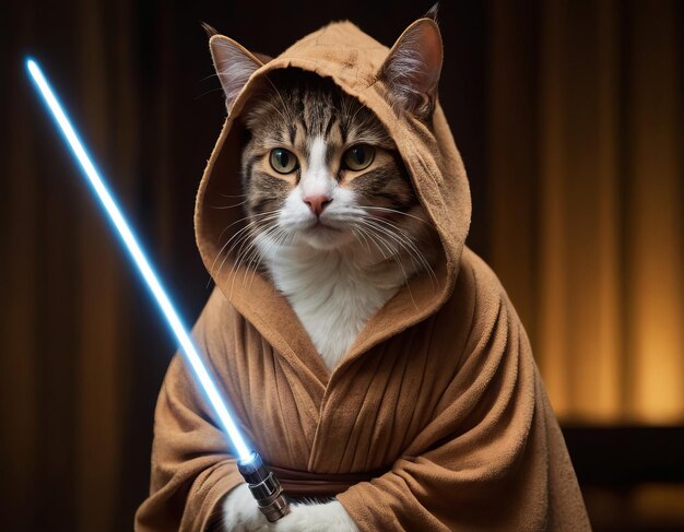 Cute cat in a robe with a bright sword perfect pet for the background