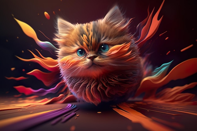 Cute Cat running through a splash of multiple color paint, Cute Kitten, 3D cat