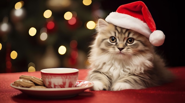 Cute cat in a Santa Claus hat against blurred Christmas lights