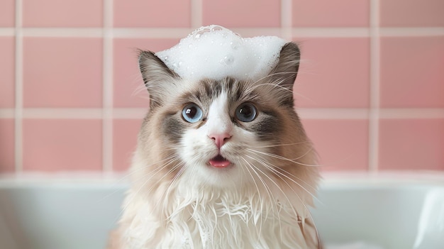 A cute cat sits in a bathtub with plenty of foam on his head