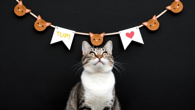 Photo a cute cat sits beneath a festive banner in a cheerful atmosphere