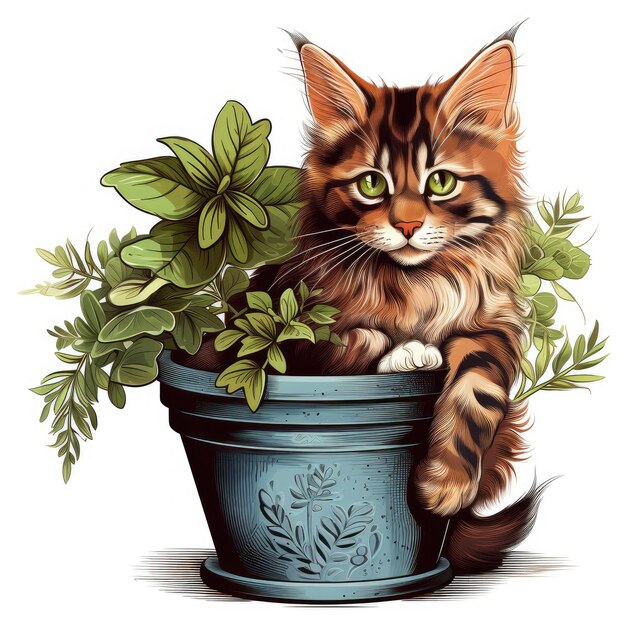 Cute Cat Sitting in Flower Pot