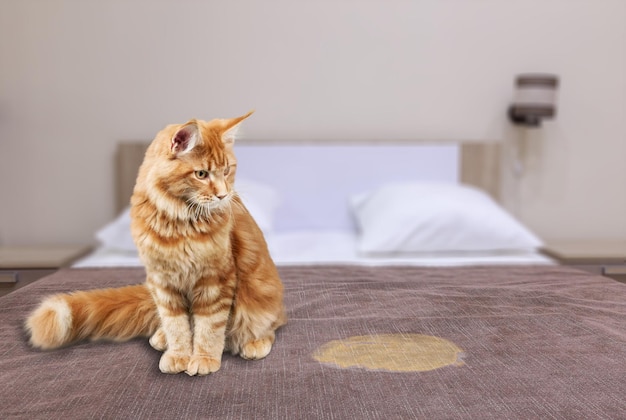 Cute cat sitting near wet or piss spot on the bed in the bedroom