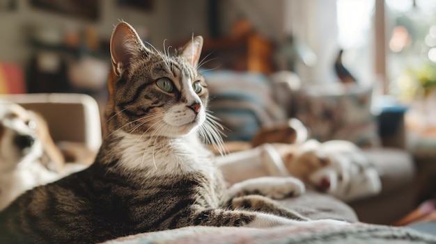 Cute cat sitting with a friendly expression surrounded by other pets like dogs and birds Cozy living room with natural light