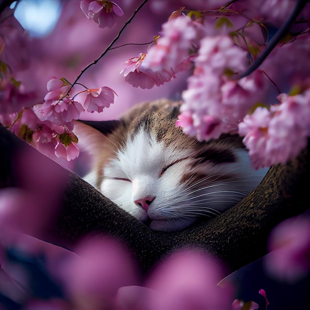 Cute cat sleeping in sakura tree cherry blossom branch kitten illustration