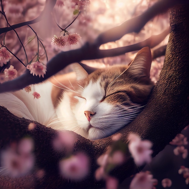 Cute cat sleeping in sakura tree cherry blossom branch kitten illustration