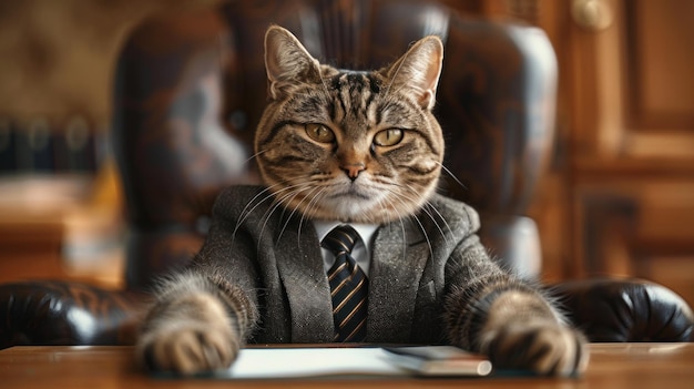 A cute cat in a smart business suit sits confidently at an executives desk in a luxurious office A cat in a stylish CEO outfit sits in an executives office