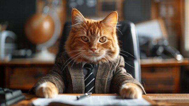 A cute cat in a smart business suit sits confidently at an executives desk in a luxurious office A cat in a stylish CEO outfit sits in an executives office