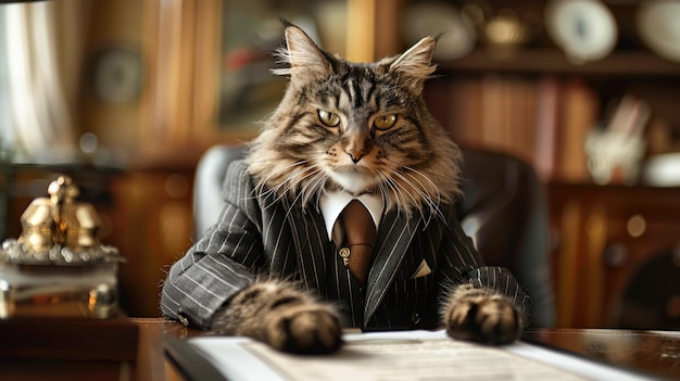 A cute cat in a smart business suit sits confidently at an executives desk in a luxurious office A cat in a stylish CEO outfit sits in an executives office