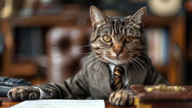 A cute cat in a smart business suit sits confidently at an executives desk in a luxurious office A cat in a stylish CEO outfit sits in an executives office