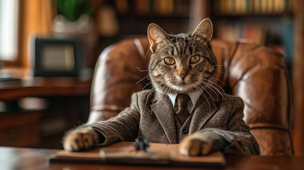 A cute cat in a smart business suit sits confidently at an executives desk in a luxurious office A cat in a stylish CEO outfit sits in an executives office