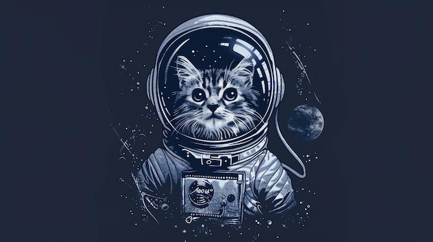 A cute cat in a spacesuit floats in space with a planet in the background