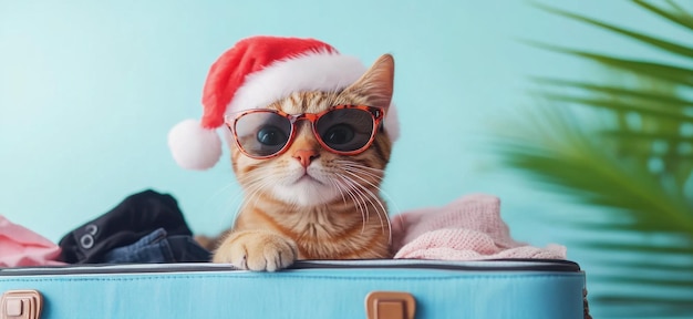 A cute cat in sunglasses and a Santa hat relaxes in an open suitcase filled with vacation clothes on a pastel blue background with a tropical palm leaf