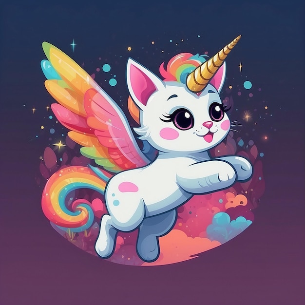 Cute Cat Unicorn Flying Cartoon Illustration