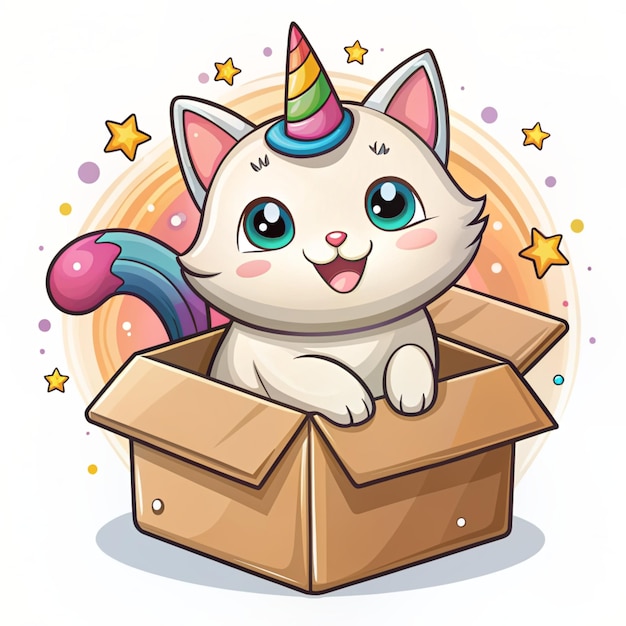 Photo cute cat unicorn play in box cartoon vector icon illustration animal love icon concept isolated premium vector flat cartoon style