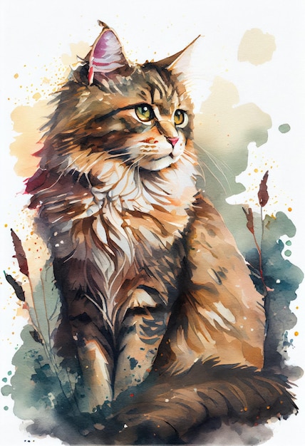 Cute cat on watercolor technique Created on drawing paper