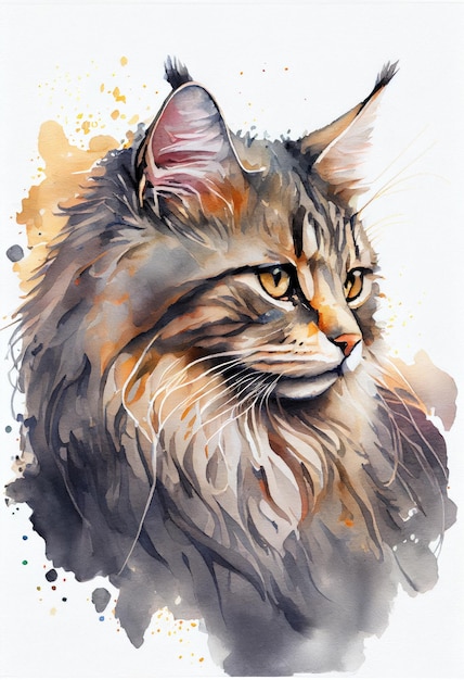 Cute cat on watercolor technique Created on drawing paper