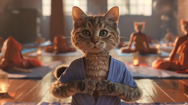 Photo a cute cat wearing a blue gi is sitting in a yoga pose the cats eyes are closed and it has a serene expression on its face