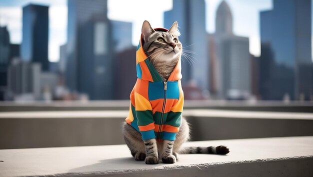 Photo cute cat wearing a colorful sweater sits on a ledge