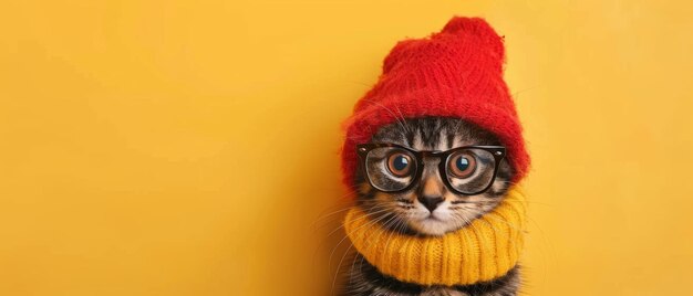 Photo cute cat wearing a hat and glass yellow background