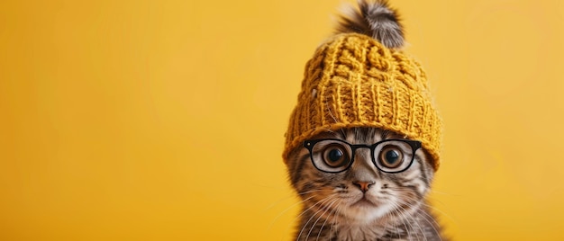 Cute cat wearing a hat and glass yellow background