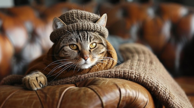 A cute cat wearing a hat and scarf is sitting on a couch The cat has big green eyes and a pink nose