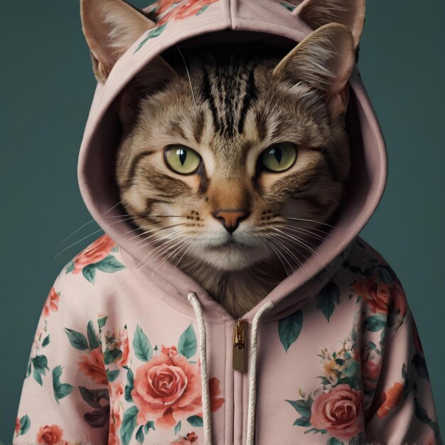 cute cat wearing hoodie in flowers decoration