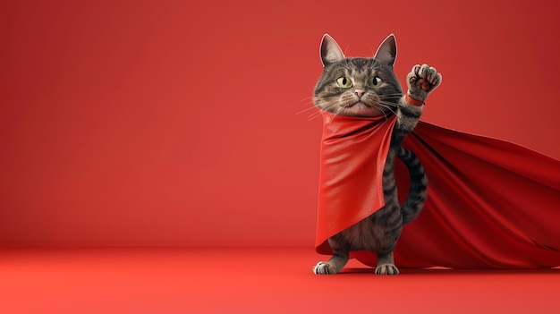 A cute cat wearing a red cape stands on a red background The cat has its paw raised in the air as if it is ready to pounce