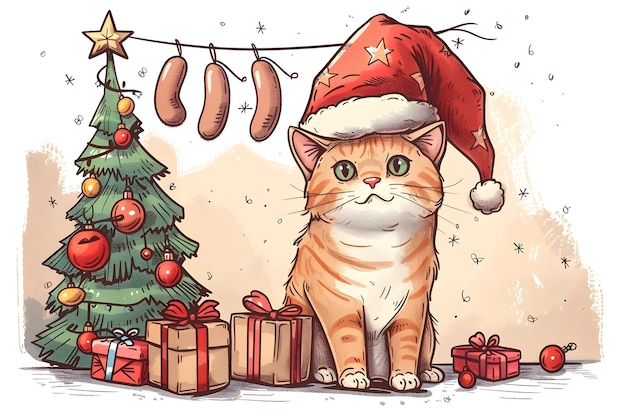 A cute cat wearing a Santa hat is sitting in front of a decorated Christmas tree