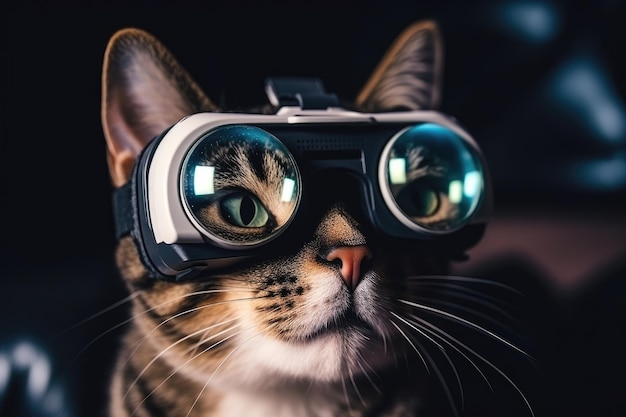 Cute cat wearing virtual reality glasses closeup portrait A cute cat wearing virtual reality goggles is captured in a closeup shot highlighting the technology concept AI Generated