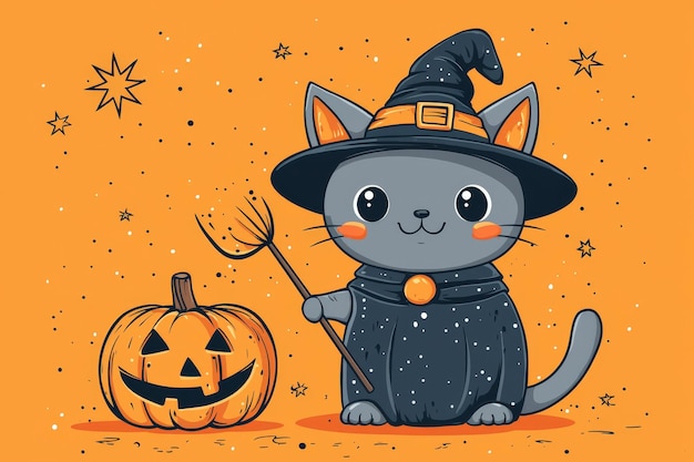 Photo cute cat in witch costume with pumpkin for halloween