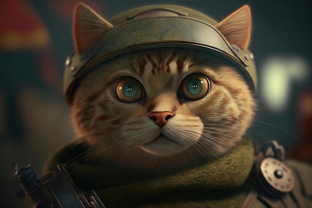 Cute cat with big eyes in a military cap closeup AI generation