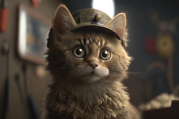 Cute cat with big eyes in a military cap closeup AI generation