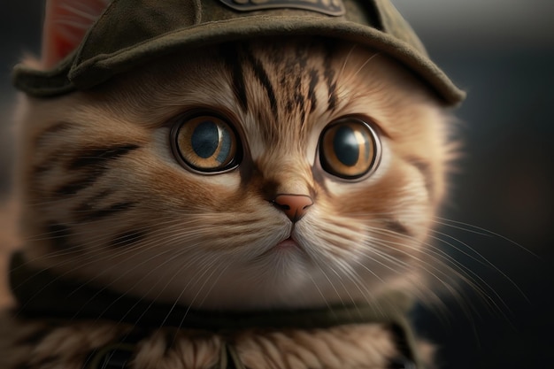 Cute cat with big eyes in a military cap closeup AI generation