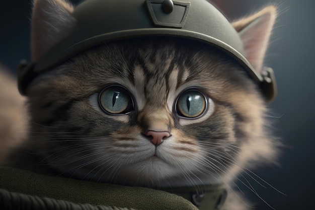 Cute cat with big eyes in a military cap closeup AI generation