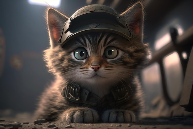 Cute cat with big eyes in a military cap closeup AI generation