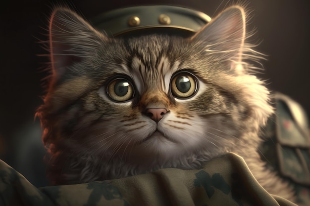 Cute cat with big eyes in a military cap closeup AI generation