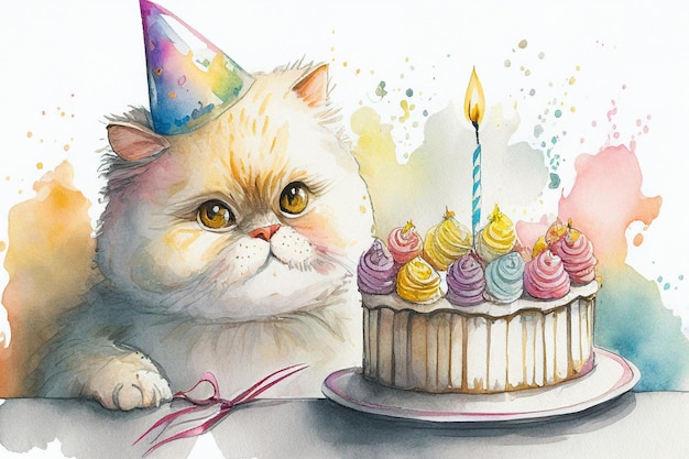 Cute cat with birthday cake Watercolor AI generative illustration