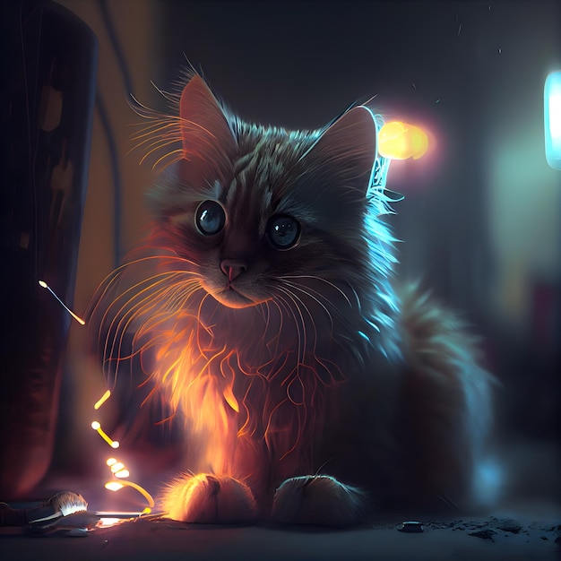 Photo cute cat with christmas lights on a dark background fluffy pet