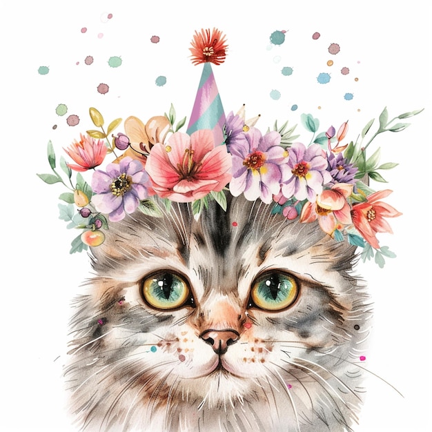 cute cat With Flowers on His Head